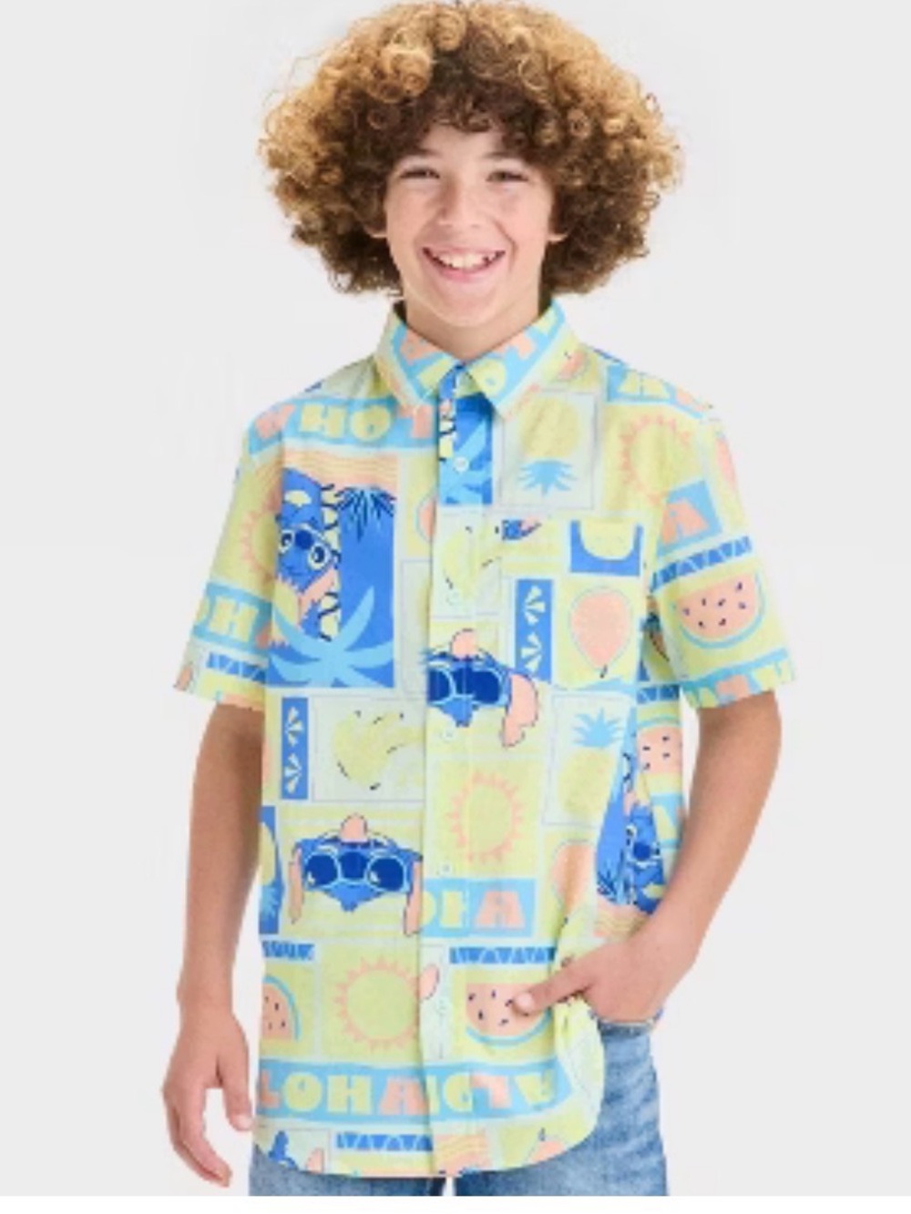 Disney Short-Sleeve Button-Down Shirt in Yellow, Blue and Pink